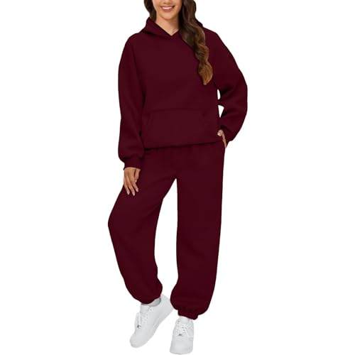 Jogginganzug Damen Set Elegant Langarm Trainingsanzug Sport Hosenanzug Damen Casual Hoodie Und Jogginghose 2 Teilig Outfit Outdoor Sportanzug Warm Hausanzug Bequeme Freizeitanzug Tracksuit (Wine,S) von LUNULE