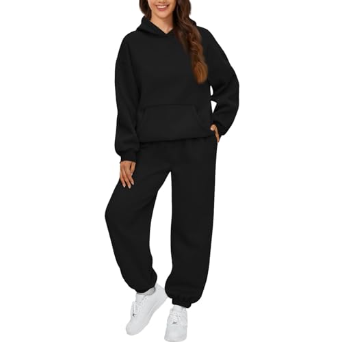 Jogginganzug Damen Set Elegant Langarm Trainingsanzug Sport Hosenanzug Damen Casual Hoodie Und Jogginghose 2 Teilig Outfit Outdoor Sportanzug Warm Hausanzug Bequeme Freizeitanzug Tracksuit (Black,3XL) von LUNULE
