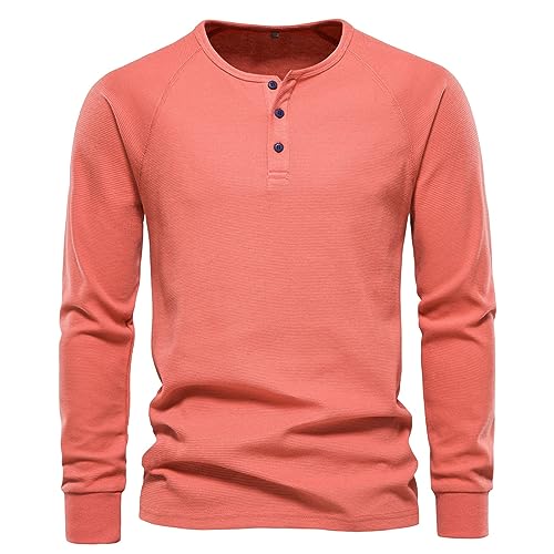 Kapuzenpullover Weihnachts Pyjama T-Shirt Herren Baumwolle MäNner Herbst Winter Einfarbig Henley Shirt Rundhalsausschnitt Langen ÄRmeln Basic Knopfleiste T Shirt Herren Kurzarm (Red, XXL) von LUNULE