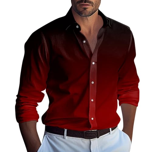 Kariertes Hemd Herren Slim Fit Gradient Druck Button Down Hemden Lässige Loose Beach Shirt Freizeithemd Leicht Outdoor (Deep Red,XXL) von LUNULE