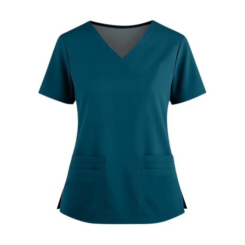 Kasacks Damen Pflege Frauen Scrub Tops Unisex Medizinische Uniform V-Ausschnitt Kurzarm Oberteile Arbeitskleidung Lässig Locke Pflege Tshirt Krankenschwester Kostüm Schlupfkasack (Dark Blue,L) von LUNULE