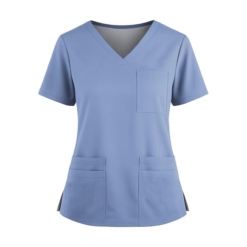 Kasacks Damen Pflege Frauen Scrub Tops Unisex Medizinische Uniform V-Ausschnitt Kurzarm Oberteile Arbeitskleidung Lässig Locke Pflege Tshirt Krankenschwester Kostüm Schlupfkasack (Sky Blue,S) von LUNULE