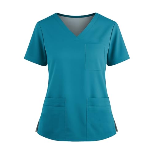 Kasacks Damen Pflege Frauen Scrub Tops Unisex Medizinische Uniform V-Ausschnitt Kurzarm Oberteile Arbeitskleidung Lässig Locke Pflege Tshirt Krankenschwester Kostüm Schlupfkasack (Turquoise,M) von LUNULE