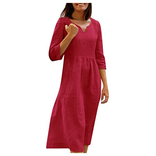 Kleid Festlich Damen Hochzeitsgast Kleid Damen Festliches Kleidfrauen Einfarbig V-Ausschnitt 3/4 ÄRmel Leinenkleider Knielang Elegant Baumwolle Leinen Midikleid Elegantes Kleid Damen (Rot, XXL) von LUNULE