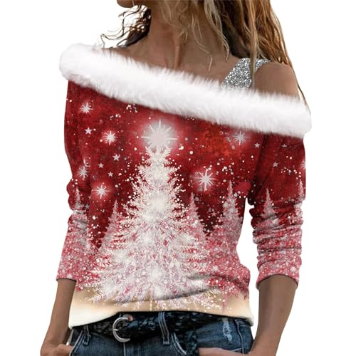 Kleidung Damen Hässlicher Pullover Tops Teenager Mädchen Crop Pullover Damen Weihnachten 3D Druck Plüsch Schulterfrei Langarm Pulli Shirt Mit Schulterriemen Xmas Enges Langarmshirt Damen (Hot Pink, L) von LUNULE