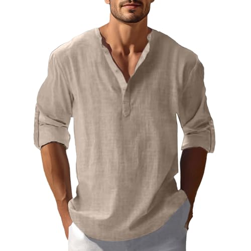 Kurzarmhemd Herren Einfarbig Baumwolle Leinen Hemd Vintage Button Down Henley Shirts Regular Fit Businesshemd Casual Leicht Sommerhemd Bequeme Freizeithemd von LUNULE