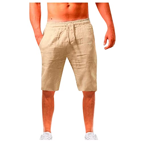 Kurze Hosen Herren Baumwolle Leinen Hose Mit Taschen Elastische Taille Beach Shorts Leicht Und Luftige Freizeithose Musselin Sommerhose Für Männer Leinenhose von LUNULE