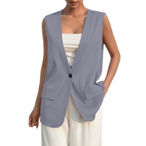 Anzugweste Damen Sommer Ärmellos Blazer Weste Elegant Button Down V-Ausschnitt Jacke mit Tasche lässig Business Freizeitweste Tank Top Büroweste Damenweste(Dunkelgrau,3XL von LUNULE