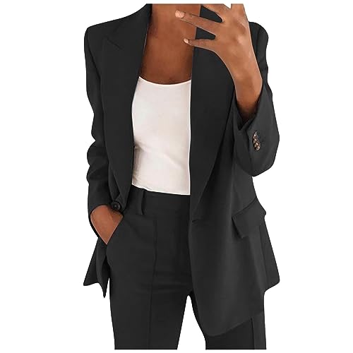 LUNULE Blazer Damen Congnac Anzug Elegant 2 Teiler Trainingsjacke Kurz Frauen Einfarbig Revers Langarm Business Jacke Mit Tasche Roter Mantel(Schwarz, S) von LUNULE