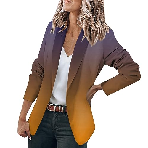 Blazer Damen Gradient Druck Langarm Knöpfen Jacke Elegant Open Front Cardigan Business Sakko Longblazer Sommer Schwarz(Braun,XXL) von LUNULE