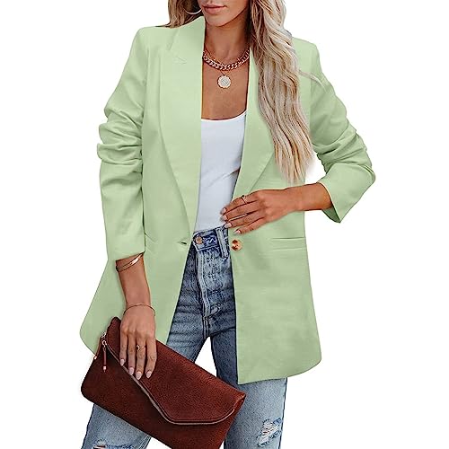 Blazer Damen Sommer Einfarbig Revers Langarm Sakko Arbeit Büro Knopf Open Front Jacke Anzug Schwarz Longblazer(Minzgrün,XXL) von LUNULE