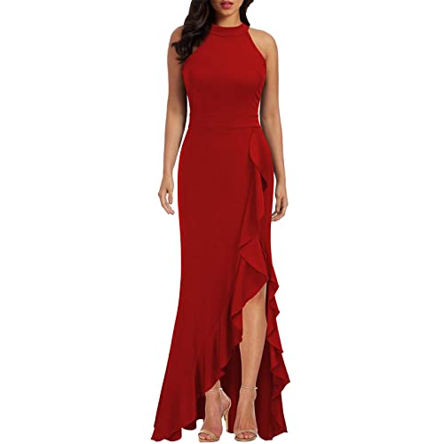 LUNULE Boho Kleid Damen brautjungfernkleider Kleider schwarz Damen Einfarbig Neckholder ÄRmellos Asymmetrischer Hohem Schlitz Bodenlang RüSchen UnregelmäßIge Vintage Kleid (Rot, L) von LUNULE