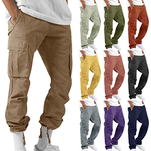 LUNULE Cargohose Herren, Chino Herren Leibwächter Arbeitshose Einfarbige Cargo Hose Casual Kordelzug Cargohose Elastische Freizeithose Mit Tasche Cargo Hosen Herren Halb Sweathose Herren(Khaki,XXL) von LUNULE