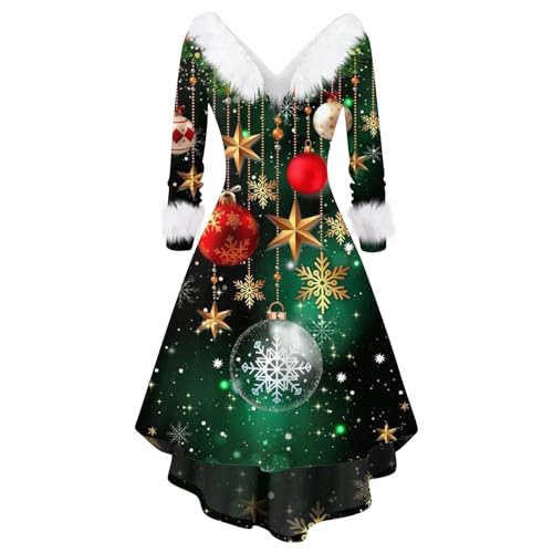 LUNULE Cocktailkleid Damen Samtkleid Weihnachten Plüsch Patchwork V Ausschnitt Partykleid Christmas Abendkleider Kleider Herbst Winter Blusenkleid(Dark Green,XL) von LUNULE