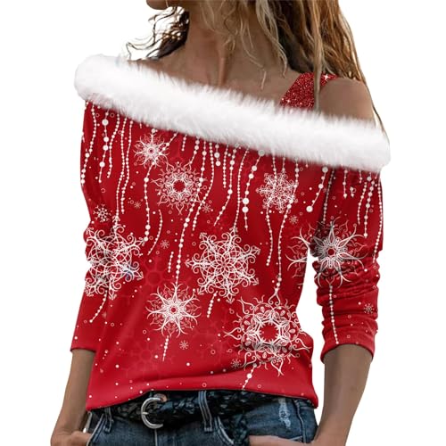 LUNULE Damen Hoodie Weihnachten Damen Sweatshirt Cashmere Pullover Damen Weihnachten 3D Druck Plüsch Schulterfrei Langarm Pulli Shirt Mit Schulterriemen Xmas Overall Damen Winter Warm (Red, XL) von LUNULE