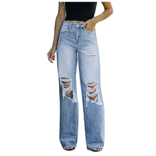 LUNULE Damen Jeans Modern Rissen Löcher Jeanshose Lange Loose Fit Straight Leg Jeanshosen mit Löchern für Frauen Herbst Winter Basic Freizeithose Damen Lässige Jeans-Hose Denim Hose von LUNULE