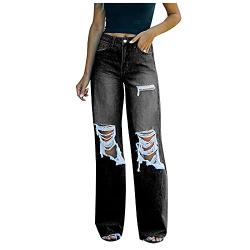 LUNULE Damen Jeans Modern Rissen Löcher Jeanshose Lange Loose Fit Straight Leg Jeanshosen mit Löchern für Frauen Herbst Winter Basic Freizeithose Damen Lässige Jeans-Hose Denim Hose von LUNULE