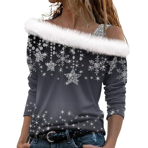 LUNULE Damen Kapuzenpullover Pullover Weihnachten Damen Damen Jacke Kaschmir Pullover Damen Weihnachten 3D Druck Plüsch Schulterfrei Langarm Pulli Shirt Mit Schulterriemen Xmas Sport Tshirt (Gray, L) von LUNULE