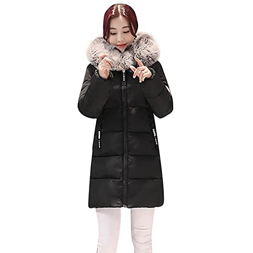 LUNULE Damen Pufferjacke Langarm Fellkragen Daunenjacke mit Kapuze Herbst Winter Langer Warme Verdickung Steppjacke mit Reißverschluss für Frauen Baumwoll Daunenmantel Damen Casual Puffermantel von LUNULE