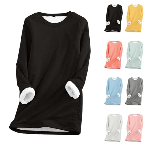 LUNULE Damen Pullover Einfarbig Langarm Teddy Fleece Sweatshirt Warmer Plüsch Gefütterte Pulli Ohne Kapuze Casual Rundhals Norweger Tops Für Mädchen von LUNULE