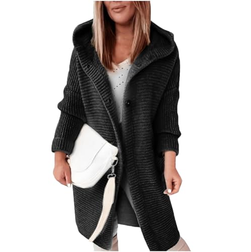 LUNULE Damen Strickmantel Lang Sweatjacke Oversize Hoodie Grinch Pullover Einfarbig Langarm Grobstrick Jacke Mit Kapuze Herbst Winter Strick Cardigan Softshelljacke von LUNULE