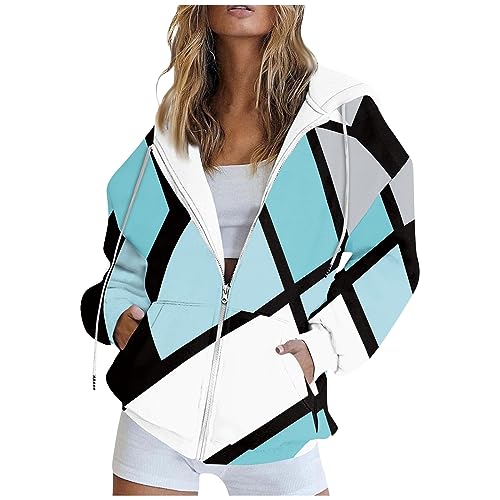 Damen Sweatjacke Jacke Sommer Farbblock Langarm Sweatshirt Mit Kapuze Zipper Hoodie Kapuzenjacke Sport Fleecepullover Blouson Damen(Sky Blue,XL) von LUNULE