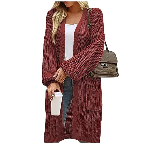 LUNULE DamenSommerjacke Damen Kimono Sommer Langarm Grobstrick Jacke Mit Taschen Einfarbig Lang Open Front Sweater Outwear Pullover Elegant Damenjacken Frühjahr von LUNULE