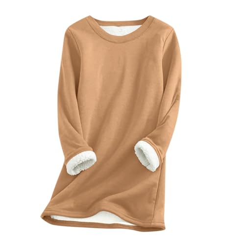 LUNULE Damenpullover Damen Einfarbig Langarm Teddy Fleece Sweatshirt Warmer Plüsch Gefütterte Pulli Ohne Kapuze Casual Rundhals Norweger Pullover von LUNULE