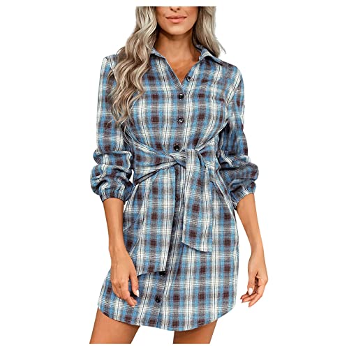 LUNULE Elfenkleid Damen Piratenkostüm Damen Blusenkleid Elegant Mini Hemdkleid Denim Longbluse Button Down Freizeitkleid Langarm Shirt Revers Sweatkleid Dress Kleid Tunika mit Knöpfen Blau L von LUNULE