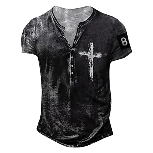 LUNULE Fasching Kostüm Herren Weißes Hemd Herren Vintage Brief Druck Henley Shirts V-Ausschnitt Kurzarm Sommerhemd Retros Casual Kurzarmshirt Männer Outdoor Tactical Sportshirt Basic Tops Schwarz von LUNULE