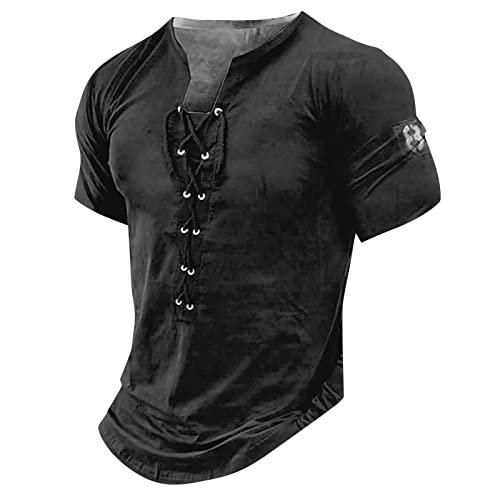 Flanellhemd Herren Weisses Hemd MäNner Hemd Kurzarm Herren MäNner Mittelalter Retro SchnüRen Henley Shirt V-Ausschnitt Kurzarm Vintage Casual Tshirts Sommer Outdoor Herren-Strings (Schwarz, M) von LUNULE