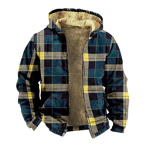 LUNULE Halloween Mantel Herren Jacke Herren Herbst Herren Herbstjacke Vintage Kariertes Teddy Fleece Gefüttert Langarm Hoodie Jacke Dicke Kapuzenjacke Sweatjacke Herren Schwarz (Gelb, 3Xl) von LUNULE