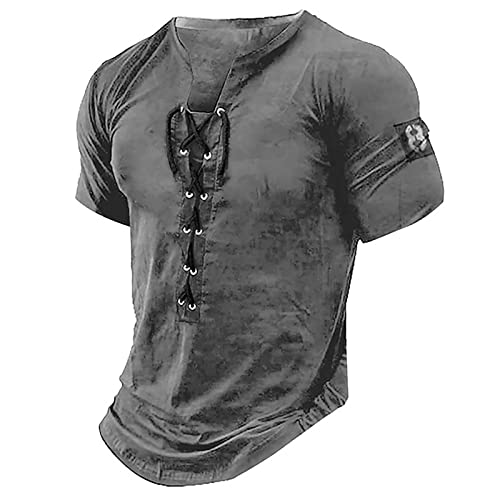 Hemd Herren Kurzarm Bauchfrei Top Trachtenhemd MäNner Mittelalter Retro SchnüRen Henley Shirt V-Ausschnitt Kurzarm Vintage Casual Tshirts Sommer Outdoor Clothes (Grau, 3XL) von LUNULE