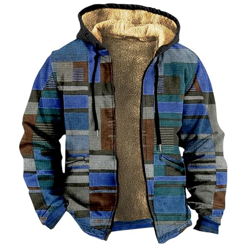 Herren Fleecejacke Jacken Vintage Druck Dicke Teddy Fleece Gefüttert Langarm Hoodie Jacke Warm Kapuzenjacke Übergangsjacke(Blue,6XL) von LUNULE