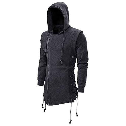LUNULE Herren Hoodie Assassins Creed Side Schnür Gothic Kapuzenpullover Herbst Und Winter Einfarbig Punk-Mäntel Lange Kapuzensweatjacke Vintage Kapuzenjacke Zipper Sweatshirt Mit Kapuze Sweatjacke von LUNULE