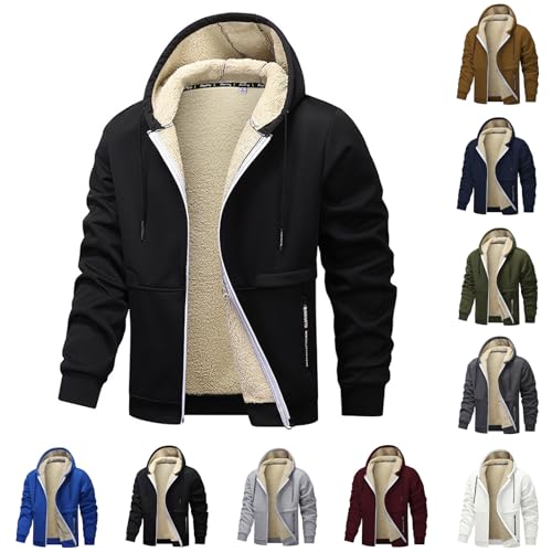 Herren Jacken Übergang Hoody Mit Kapuze Langarm Sweatjacke Reißverschluss Gefütterte Warm Winterjacke Bequemes Hoodie Jacke Regular Fit Black Friday(Schwarz,L) von LUNULE