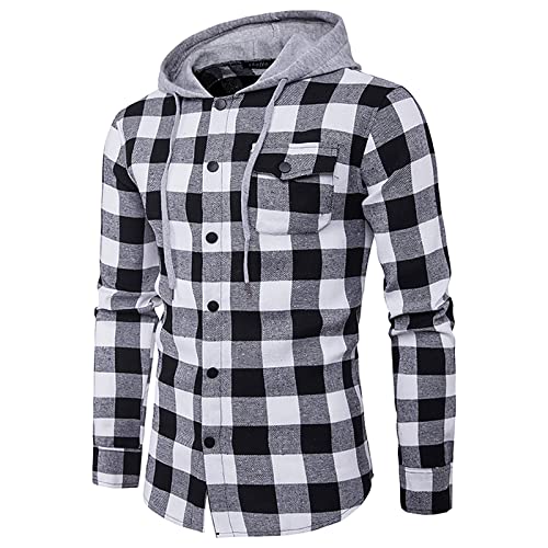 LUNULE Herren Karohemd Modisch Kariert Langarmhemd mit Kapuze Lange Ärmel Regular fit Freizeithemden für Männer Outdoor Sport Fitness Training Jogging Arbeitshemd Herren Slim Fit Langarm-Hemd von LUNULE