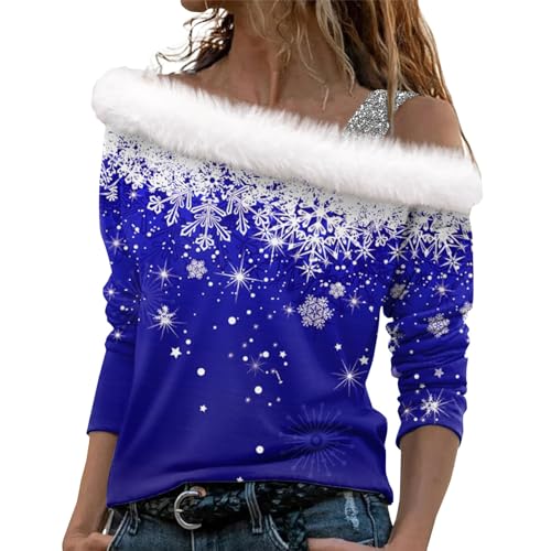 LUNULE Hoodie Oversize Treerex Weihnachtspullover Weihnachtspulli Stillshirt Weihnachten 3D Druck Plüsch Schulterfrei Langarm Pulli Shirt Mit Schulterriemen Xmas Damen Hemdbluse (Blue, M) von LUNULE