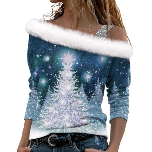 LUNULE Hoody Damen Weihnachtspulli Wärme Top Weiß Damen Weihnachten 3D Druck Plüsch Schulterfrei Langarm Pulli Shirt Mit Schulterriemen Xmas Shirt Mit Gummizug Am Saum Damen (Gray, L) von LUNULE