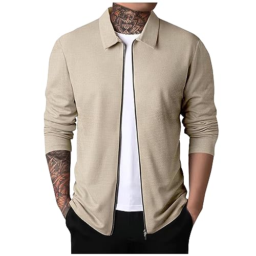 LUNULE Imprägnierspray Jacke Fliegerjacke Herren Schnittschutzjacke Leichte Dünne Waffel Einfarbig Revers Sweatjacke Mit Reißverschluss Casual Slim Fit Trenchcoat (Khaki, M) von LUNULE