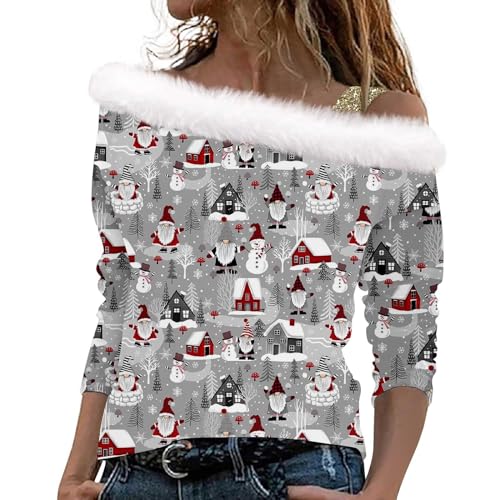 LUNULE Italienische Mode Damen Damen Mit Kapuze Pullover Damen Wintermantel Wolldecke Mit Ärmel Erwachsene Weihnachten 3D Druck Plüsch Schulterfrei Langarm Pulli Shirt Mit Schulterriemen Xmas T Shirt von LUNULE