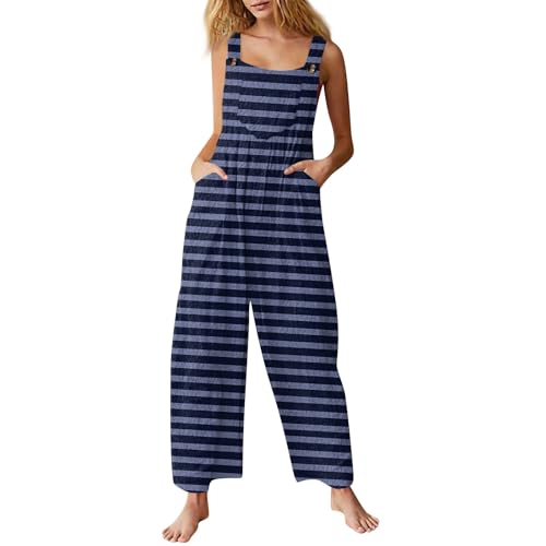 LUNULE Jumpsuit Damen Onesie Kostüm Gestreiftes Ärmellos Overalls Frauen Lang Jumpsuits Mit Taschen Casual Baggy Weihnachts Jogginganzug Faschingskostüme(Navy,M) von LUNULE