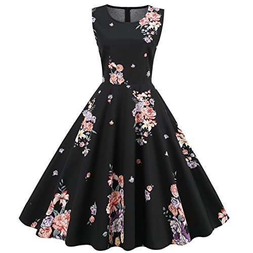 LUNULE Kleid Damen Elegant Faltenrock Damen 50er Jahre Kleid Damen Knielang Blumenkleid Hepburn Stil Rockabilly Kleider ärmellos Vintage Cocktailkleid Frauen Gothic Cocktailkleid Schwarz L von LUNULE