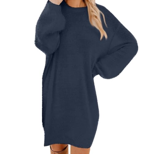 Kleid Damen Elegant Sweatkleid Langarm Einfarbig Rundhals Pulloverkleid Warme Pullis Elegante Knielang Winterkleid Lose Strickkleid Pullover von LUNULE
