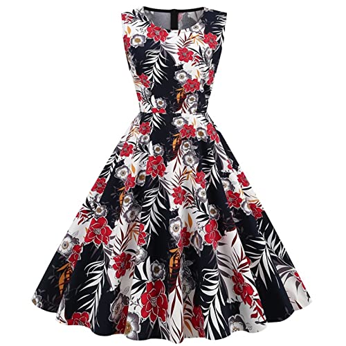 LUNULE Kostüm Damen Sexy Fasching Glitzer Rock Damen 50er Jahre Kleid Damen Knielang Blumenkleid Hepburn Stil Rockabilly Kleider ärmellos Vintage Cocktailkleid Frauen Gothic Cocktailkleid Weiss XXL von LUNULE