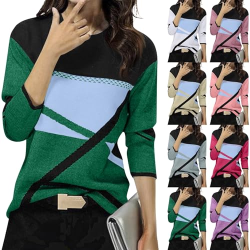 Langarmshirt Damen Weihnachtspullover Farbblock Rundhals Langarm Pulli Ohne Kapuze Basic Oberteile Casual Bequem (Green,M) von LUNULE