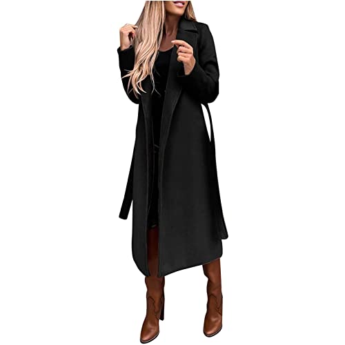 LUNULE Mantel Damen Lang Faux Wollmantel Mit Gürtel Einfarbig Klassischer Gehschlitz Elegant Trenchcoat Freizeit Cardigan Revers Overcoat Outwear Herbstjacke Übergangsmantel Herbst Frühling Winter von LUNULE