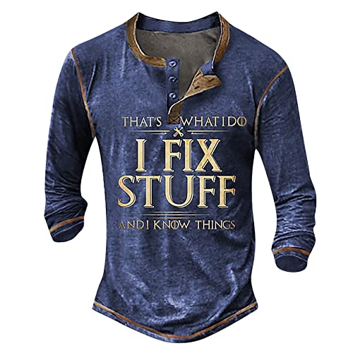 LUNULE Mantel Herren Leinenhemd Herren T Shirt Herren 3D Karikatur Langarmshirt Retros Henley Shirt Causal Tshirt Basic Freizeit Tops mit Taste Unterhemd für Männer Blau von LUNULE