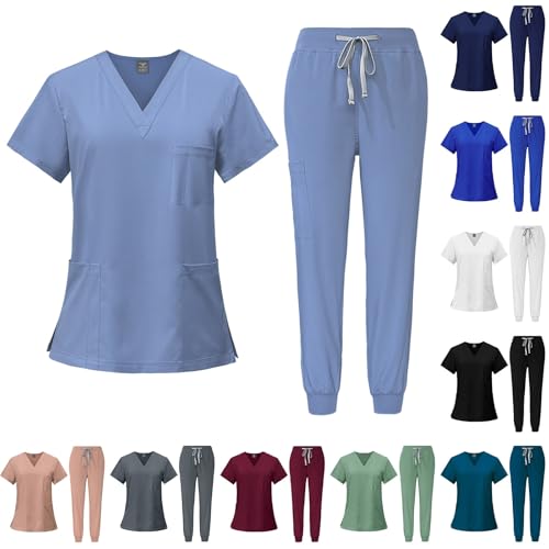 LUNULE Medizinische Arbeitskleidung Damen Herren Krankenschwester Set Waschbar Unisex Uniform Krankenhaus Kurzarm Oberteil Mit Hose Schlupfkasack Für Altenpflege Krankenpflege von LUNULE