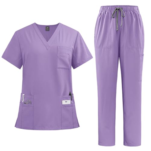 LUNULE Medizinische Arbeitskleidung Damen Herren Krankenschwester Set Waschbar Unisex Uniform Krankenhaus Kurzarm Oberteil Mit Hose Schlupfkasack Für Altenpflege Krankenpflege von LUNULE